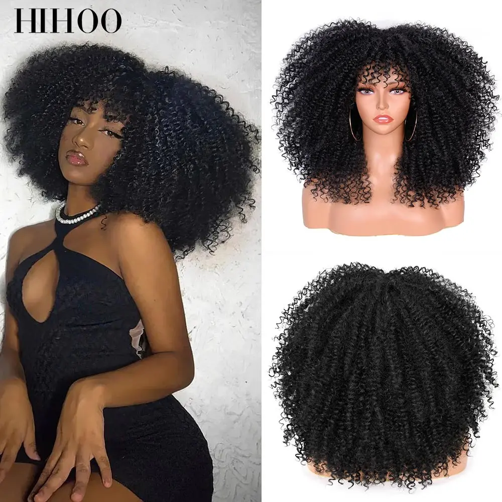 Short Hair Afro Kinky Curly Wigs With Bangs For Black Women Natural Synthetic Ombre Blonde Pink Red Cosplay 16''