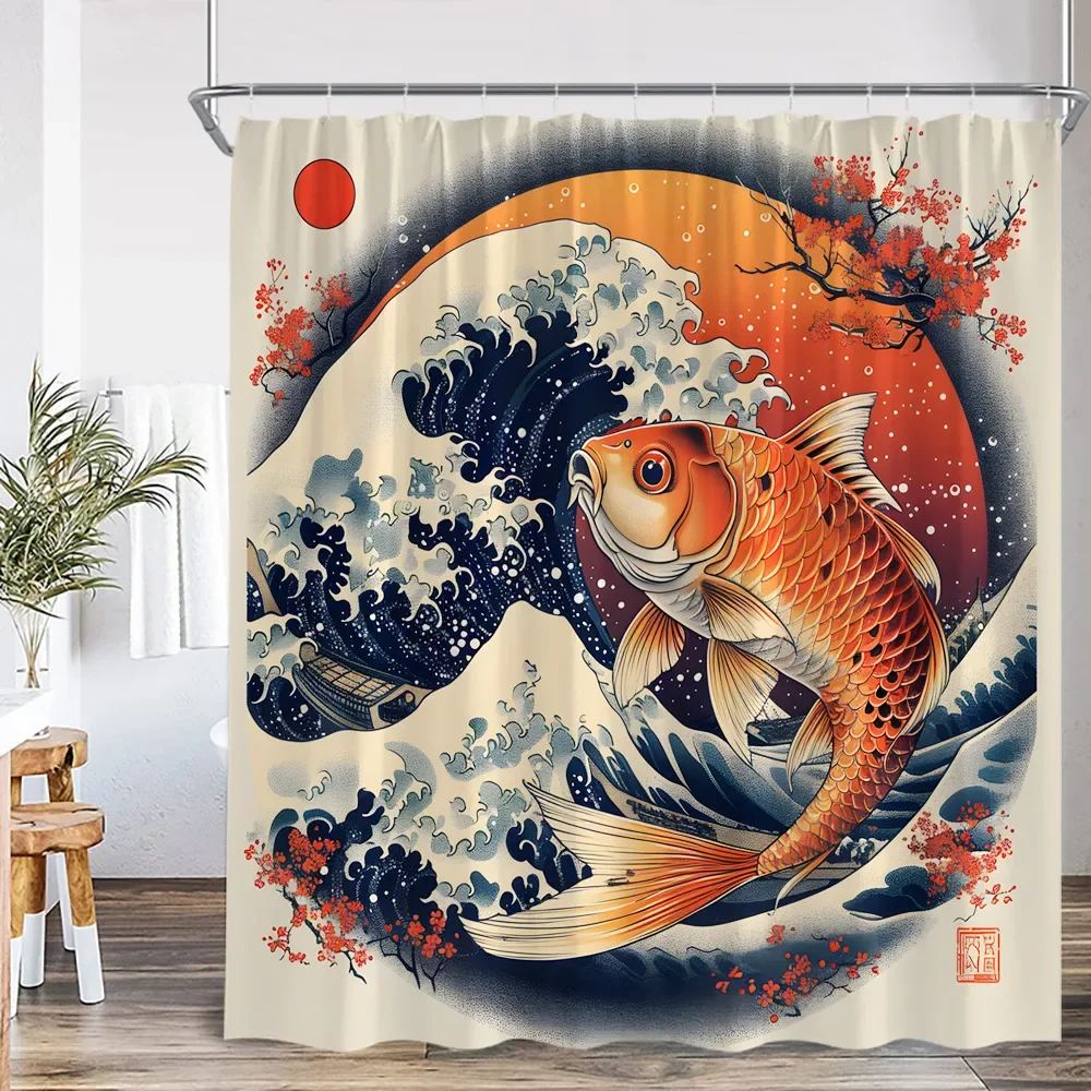 Koi Japanese Shower Curtain Waves Red Sun Cherry Blossom Bless Luck Bathroom Decor Classical Polyester Bathtub Curtain with Hook