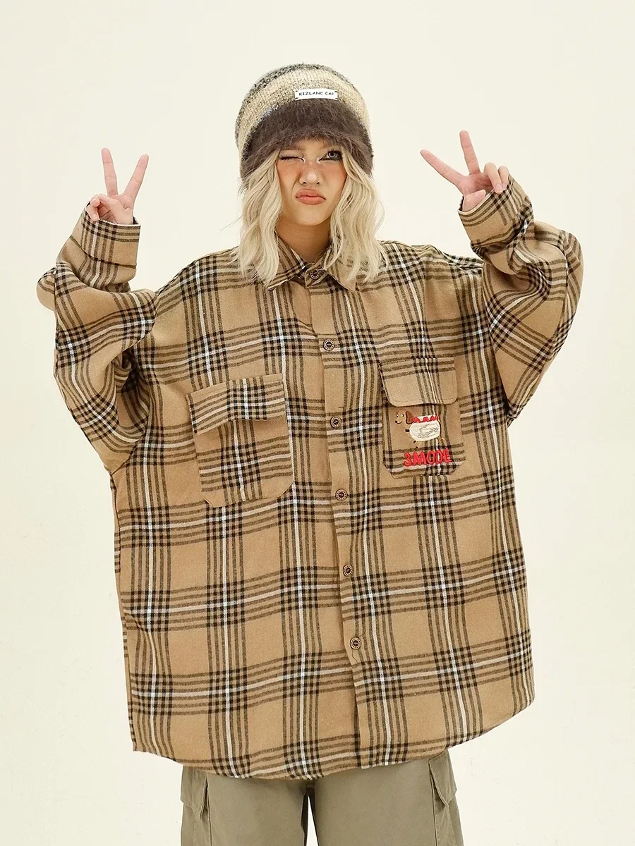 Puppy Embroidered Plaid Long-sleeved Shirts 2024 Autumn New Loose Bf Japanese Retro Top Trendy Girl