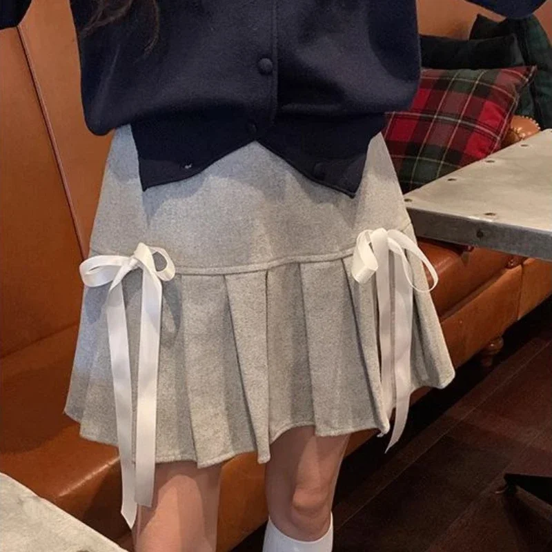 

Korean College Style Cute Bow-knot High Waist A-line Mini Skirts Y2k All-match Thick Tweed Pleated Skirt Women Streetwear Outfit