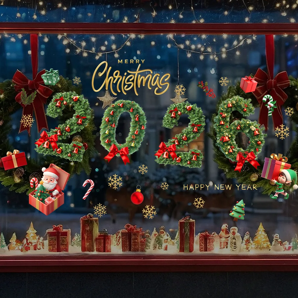 2 Stück 2026 Weihnachten und Neujahr grüne Kiefernnadel Glocke Fensteraufkleber Festival Glastüren und Fenster elektrostatische Aufkleber
