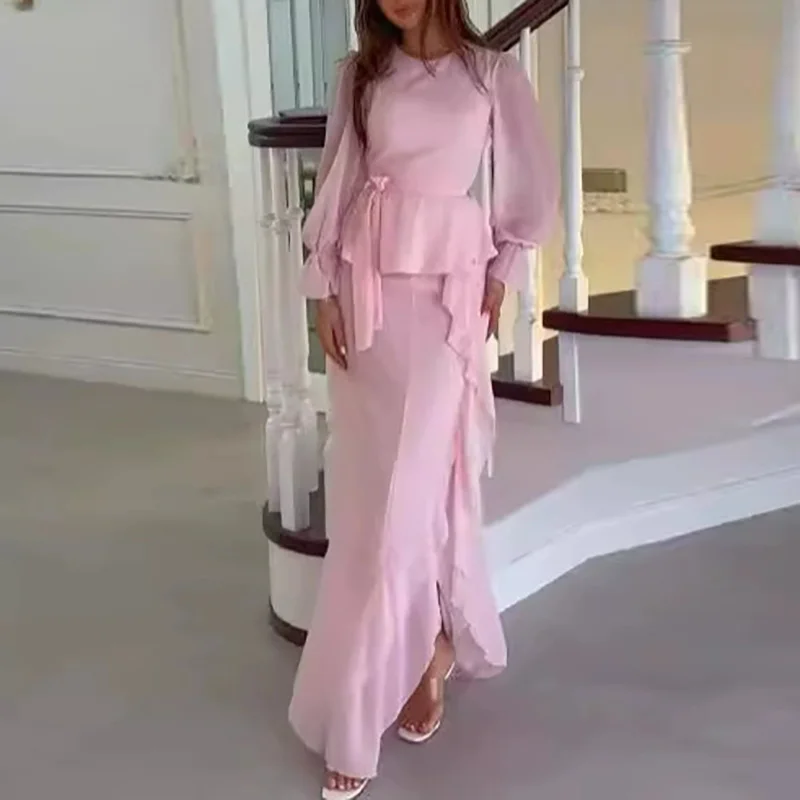 

Офисный женский элегантный комплект из 2 предметов с рюшами, женский весенний топ с круглым вырезом на шнуровке, пуловер и юбки с рюшами, осенний тонкий костюм с длинными рукавами