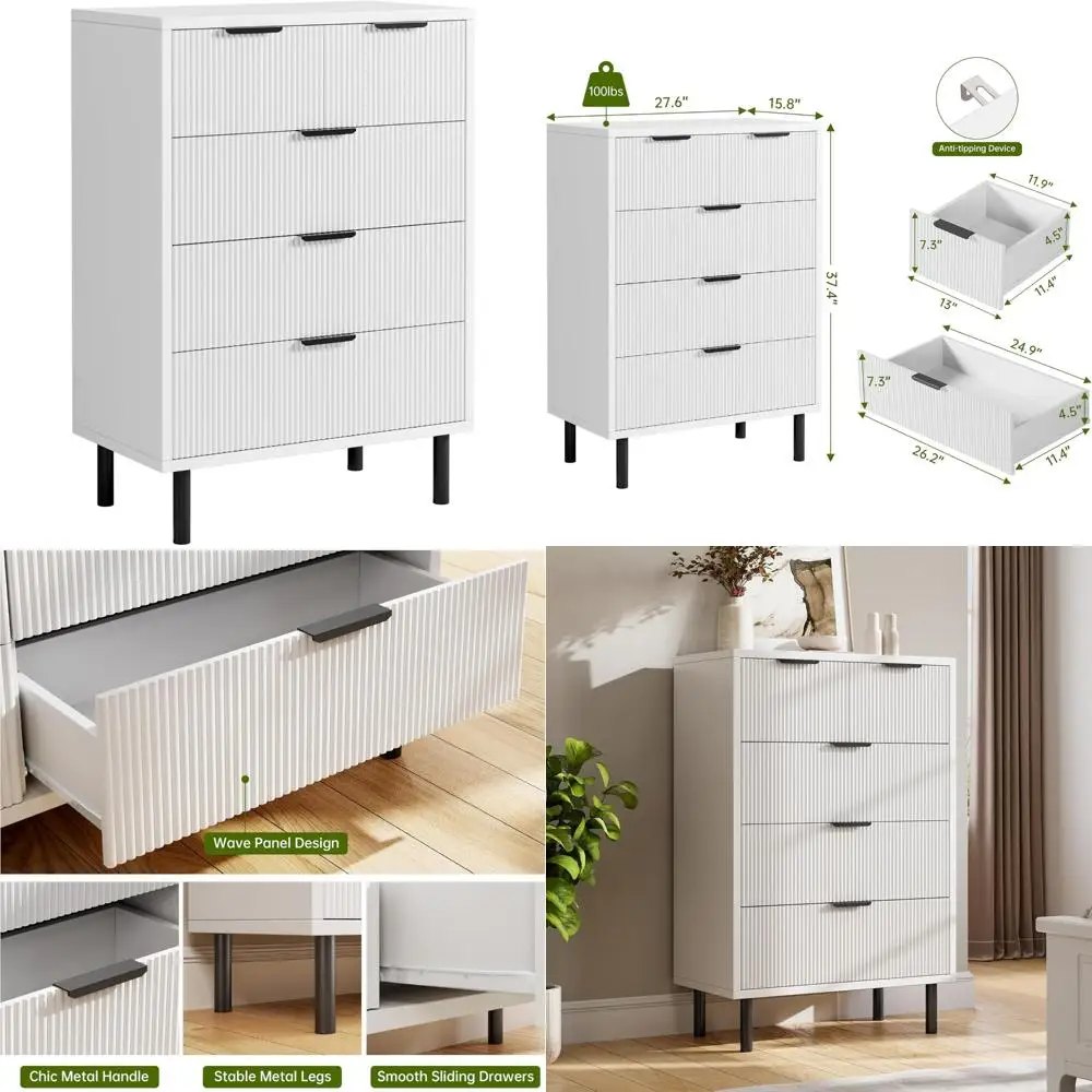

Wave Fluted 5 Drawer Bedroom Dresser, Tall Chest of Drawers, Wide Wood Storage Dresser Organizer
