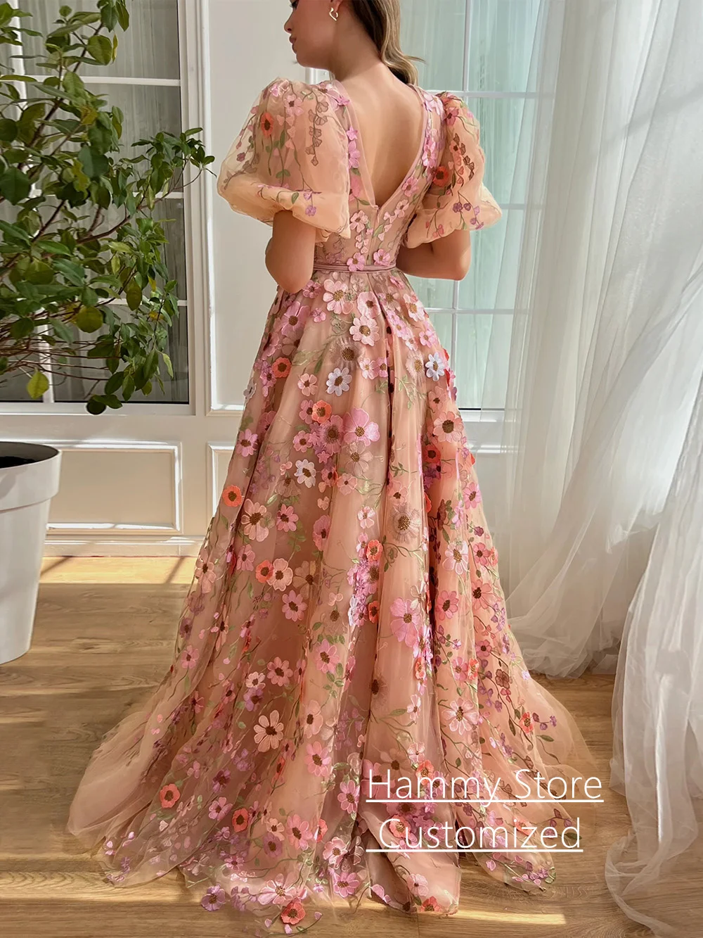 Robe de soirée princesse personnalisée, manches courtes, col en V, broderie de fleurs, dentelle, ligne A, robe de Rh, zones d'anniversaire, robes de soirée