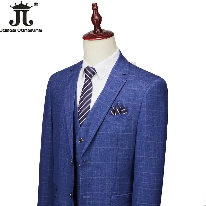 High-end Brand Classic Blue or Gray Plaid Men\'s Casual Business Suit Retro Official Suit Groom Wedding Dress Jacket Vest Pants