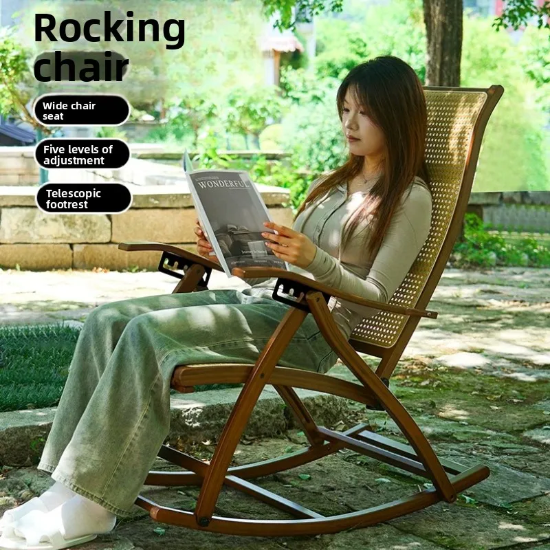 

Adult Rattan Rocking Chair with High Back for Sleeping Bamboo Reclining Lounge Seat Relaxing Armchair Foldable Home Furniture