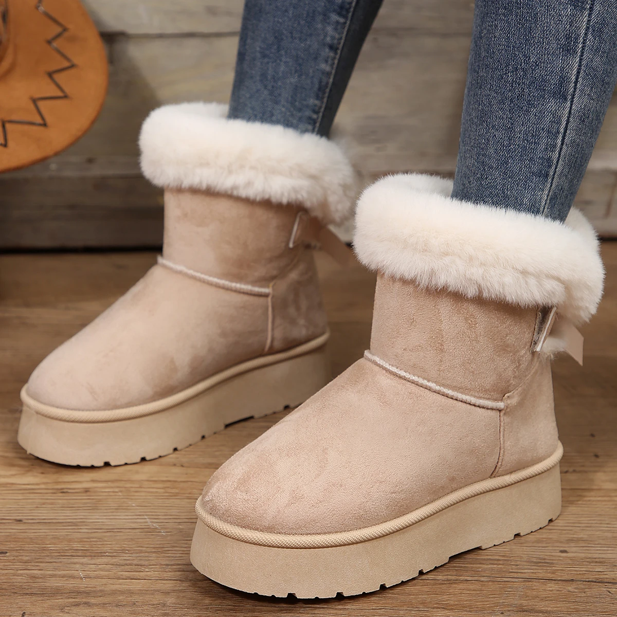 Winter Thicken Plush Warm Snow Boots Women Fluffy Fur Chunky Platform Ankle Boots Woman Thick Sole Non Slip Cotton Padded Shoes