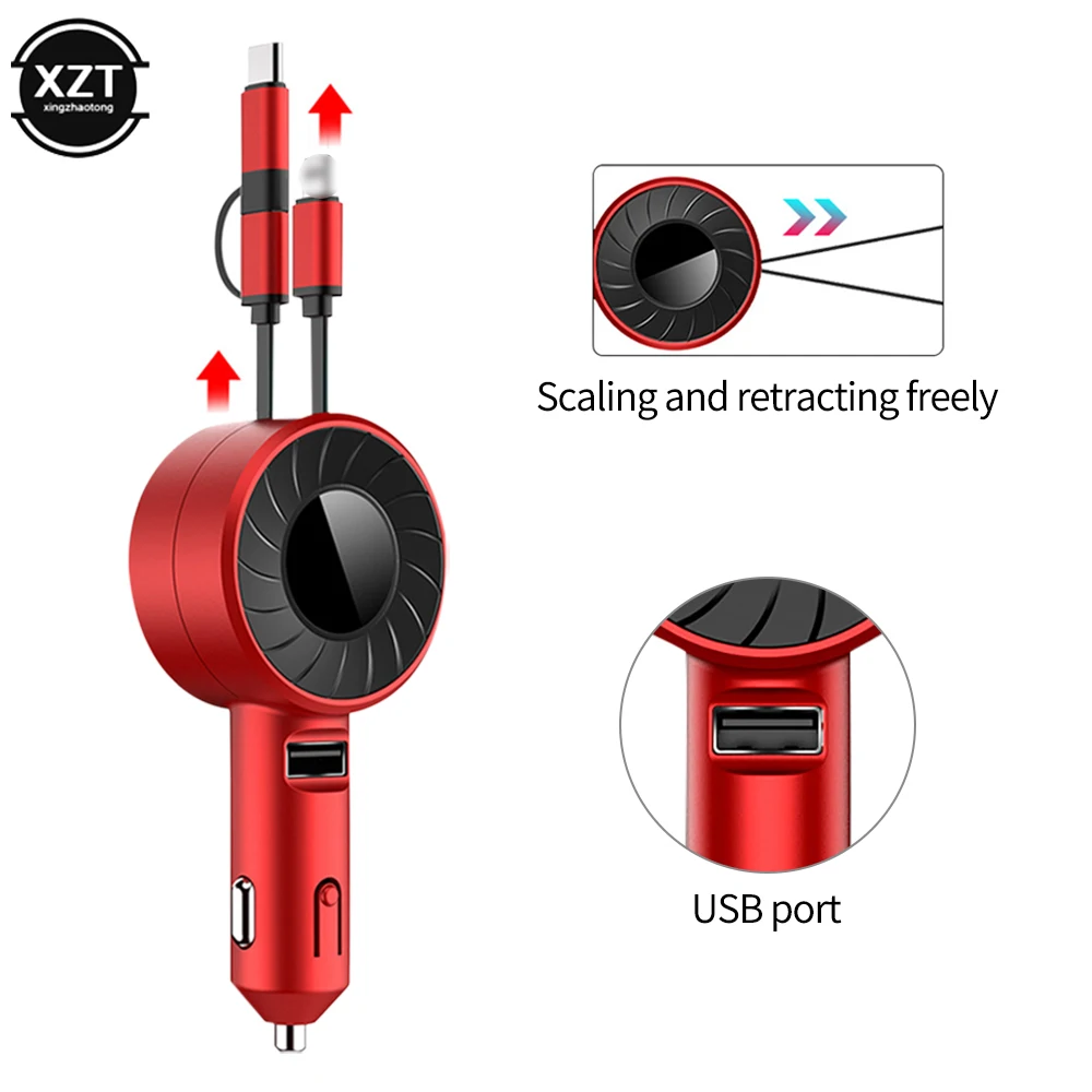 

USB Car Charger 3 in 1 Plug Fast Charging Auto Portable Phone Charger Adapter Retractable Micro-USB USB Type-C Charging Cable