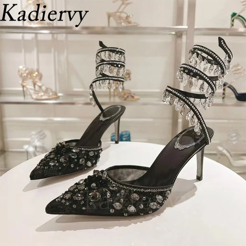 Summer High Heels Shoes Women Crystal Pendant Snake Twine Around Ankle Strap Party Shoes Pointed Toe Mesh Pumps Sandals Woman