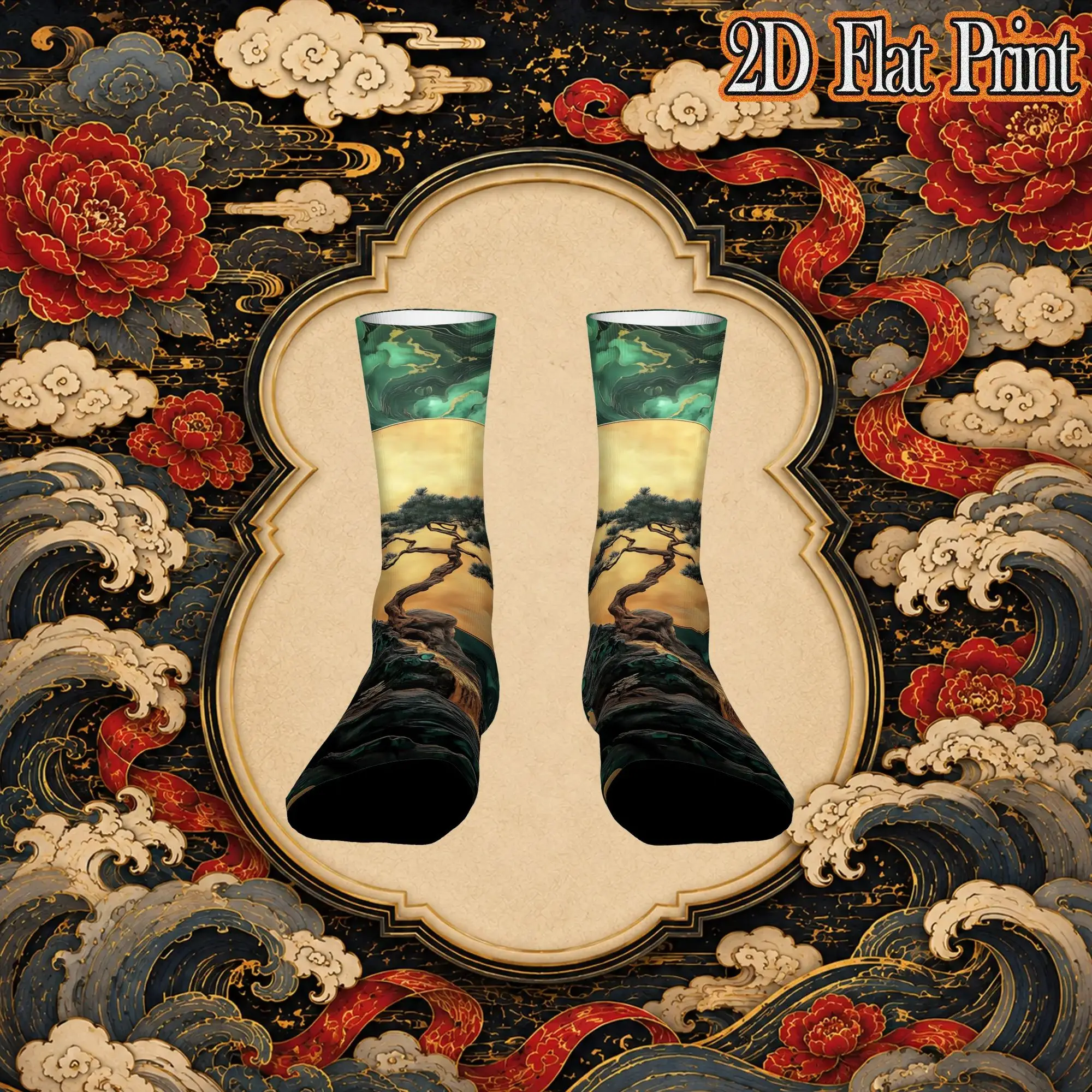 Oriental Pine Tree Golden Moon Print Funny Men's compression Socks Unisex items Crew Sock Cycling socks