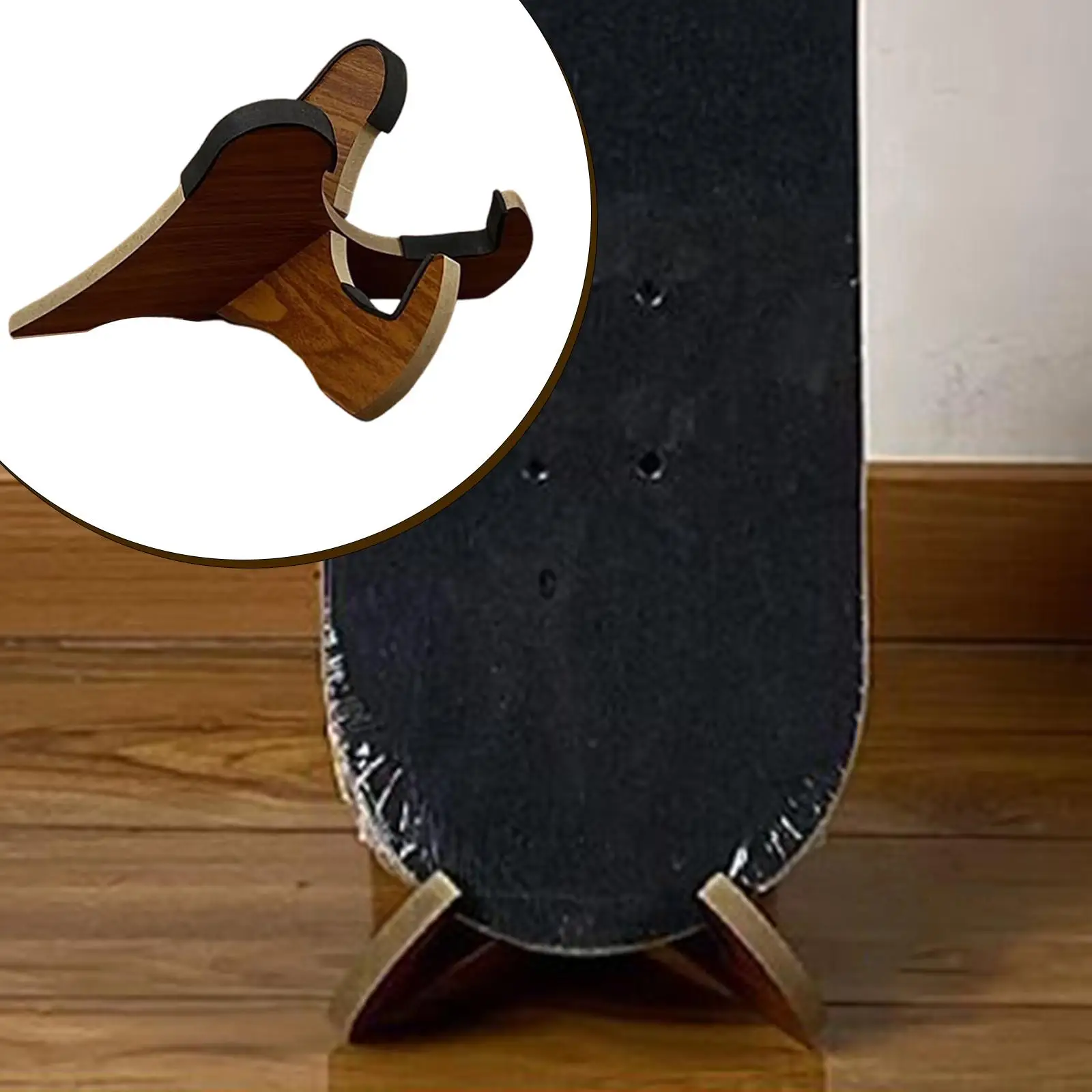 Compact Wooden Skateboard Holder Space Saving Display Stand for Home Garage and Dorm