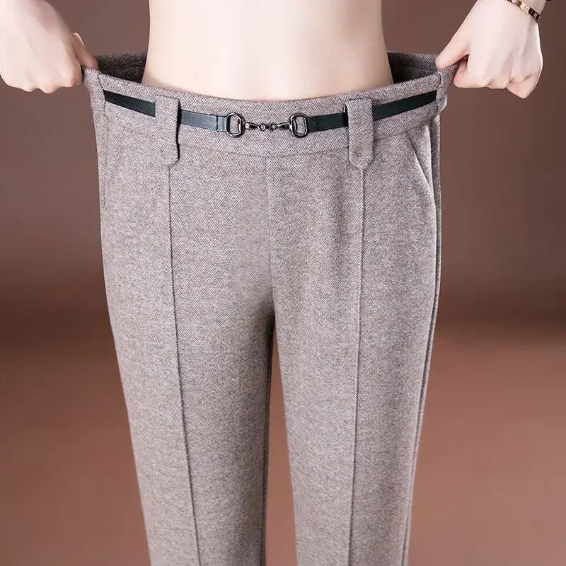 Pantalones de traje sueltos de lana para mediana edad y personas mayores, nueva madre recta de pierna ancha cubierta de carne gruesa