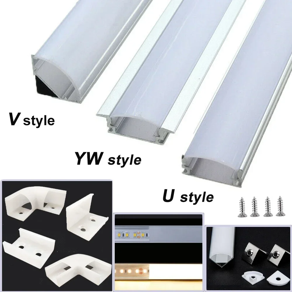 פרופיל בצורת U/V/YW באורך 0.5 מטר, אלומיניום, DC12V, תאורת LED בר, 2-25 יחידות, מחזיק ערוץ, מכסה DIY לסטריפ חלבי, ערוצים