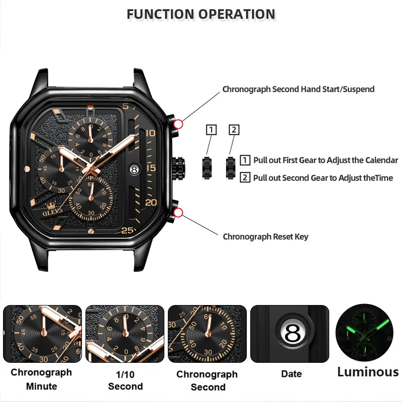 OLEVS Men\'s Square Quartz Watches Three Eye Chronograph Clock Waterproof Luminous Leather Strap Men\'s Wristwatch Original 9950