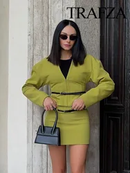 TRAFZA Women Elegant Skirt Suit Casual Green V-Neck Belt Slim Long Sleeved Short Coat Top+High Waist Side Zip Mini Skirt Mujer