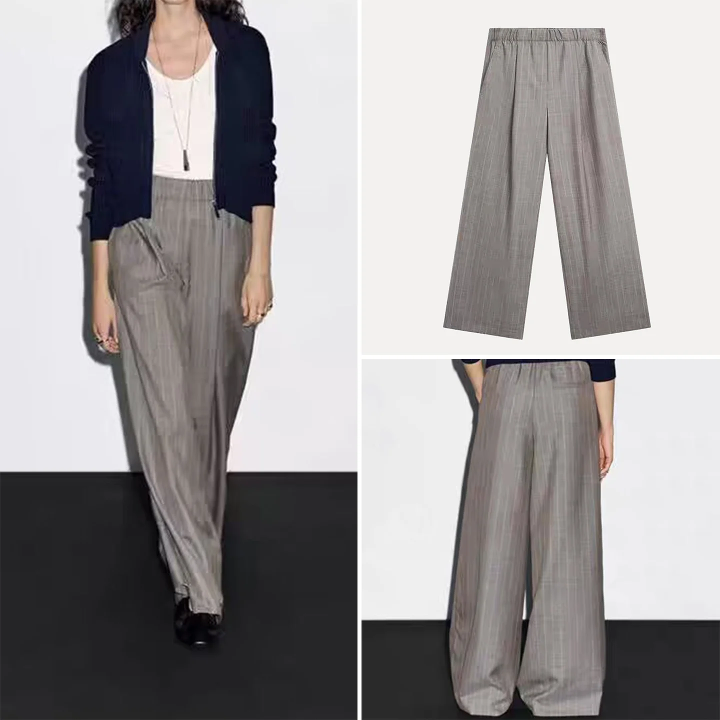 2025 خريف جديد Sle المرأة Faion بنطال ذو قصة أرجل واسعة مخطط ضيق الخصر عالية الخصر مستقيم قطع السراويل الطويلة للسيدات #1