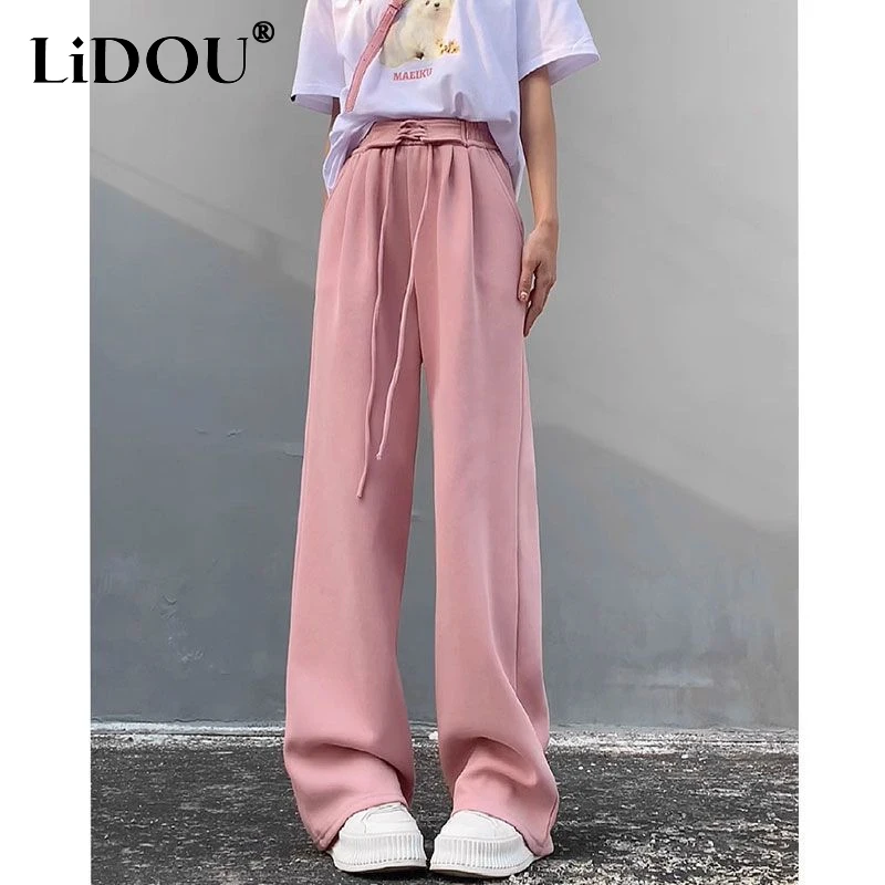 

2023 Spring Summer New Fashion High Waist Solid Color Wide Leg Trousers Women Street Drawstring Pocket All-match Youth Sweatpant