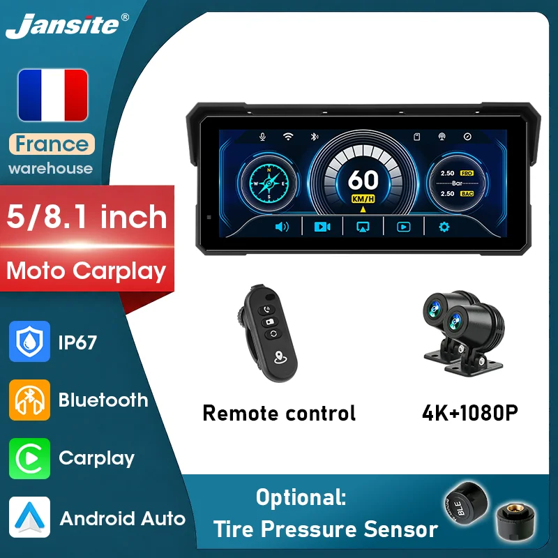Jansite, display da 5/8,1 pollici con Carplay, Android Auto, registrazione video 4K e 1K, navigatore GPS, cruscotto digitale per moto con pulsanti di controllo a distanza, impermeabile IP67, sistema