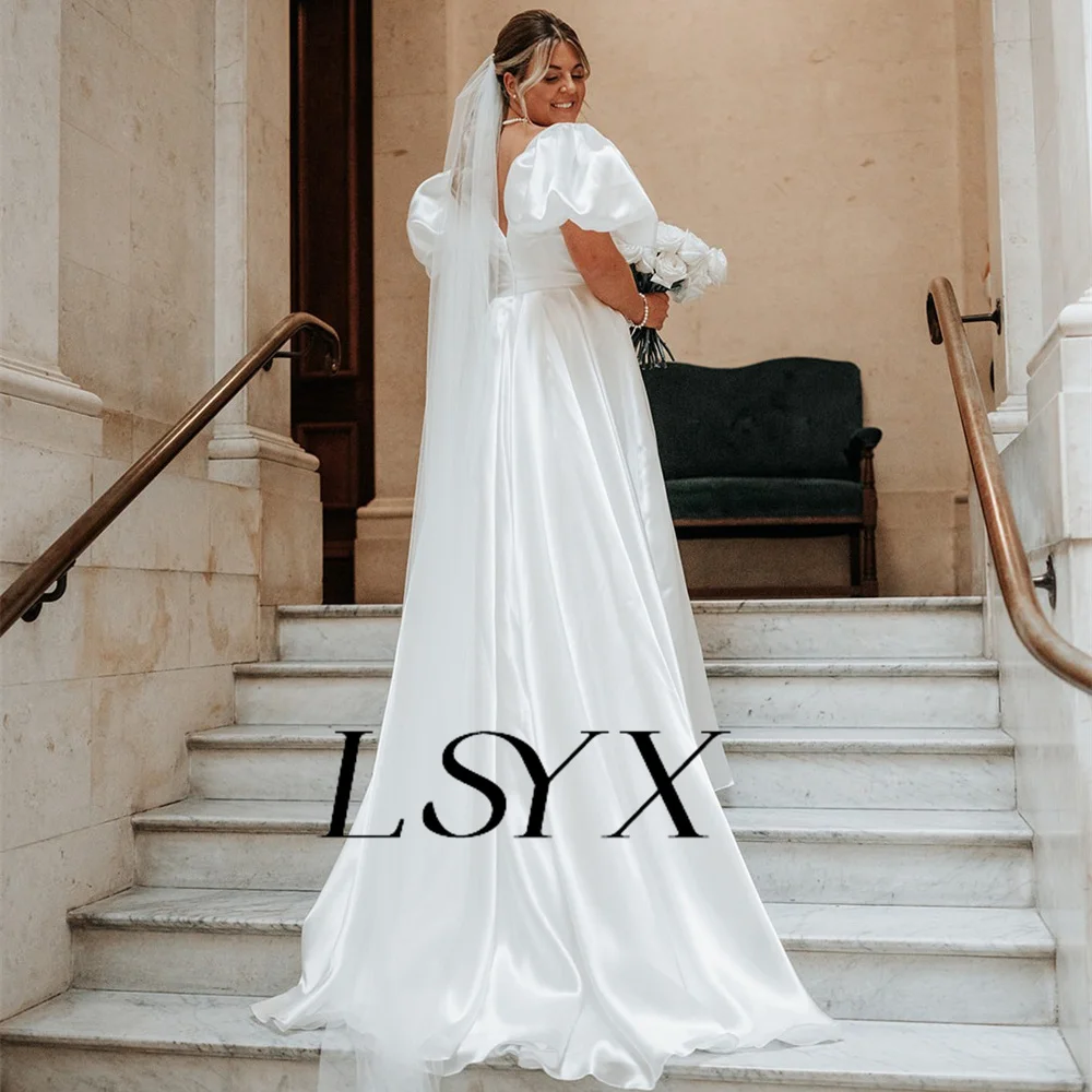 LSYX Simple V-Neck Puff Sleeves Satin A-Line White Wedding Dress For Women Zipper Back Floor Length Bridal Gown Custom Made