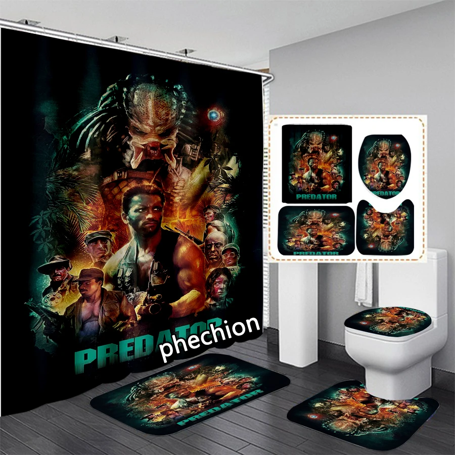 phechion Movies Predator 3D Print Waterproof Bathroom Shower Curtain Toilet Cover Mat Non-Slip Floor Mat (1/3/4Pcs) W56