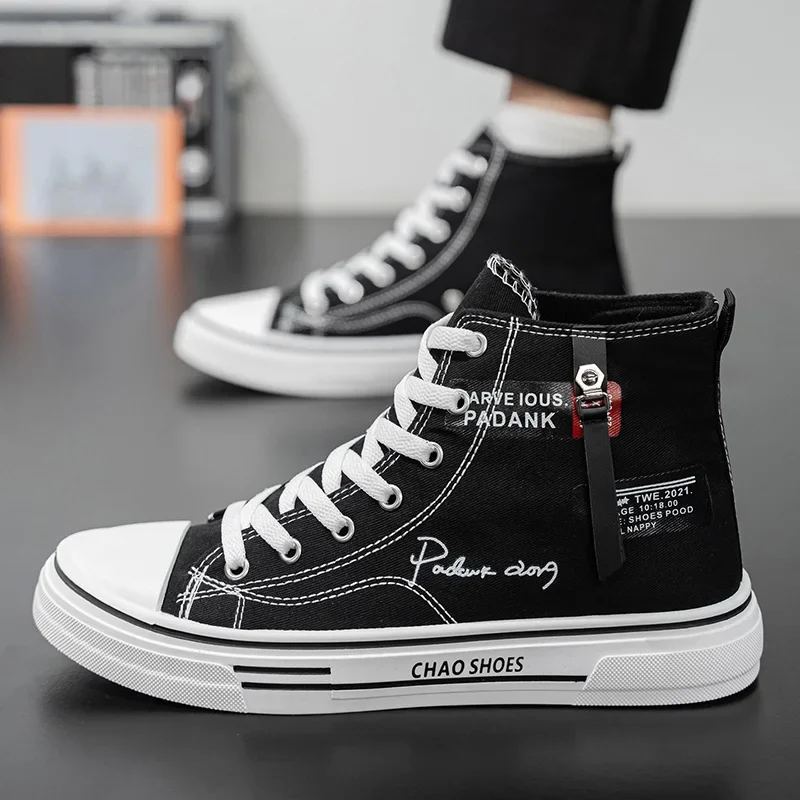 

Мужская парусиновая обувь, высокие кроссовки, дышащая повседневная обувь на платформе, мужская нескользящая вулканизированная обувь на плоской подошве со шнуровкой, Tenis Masculino