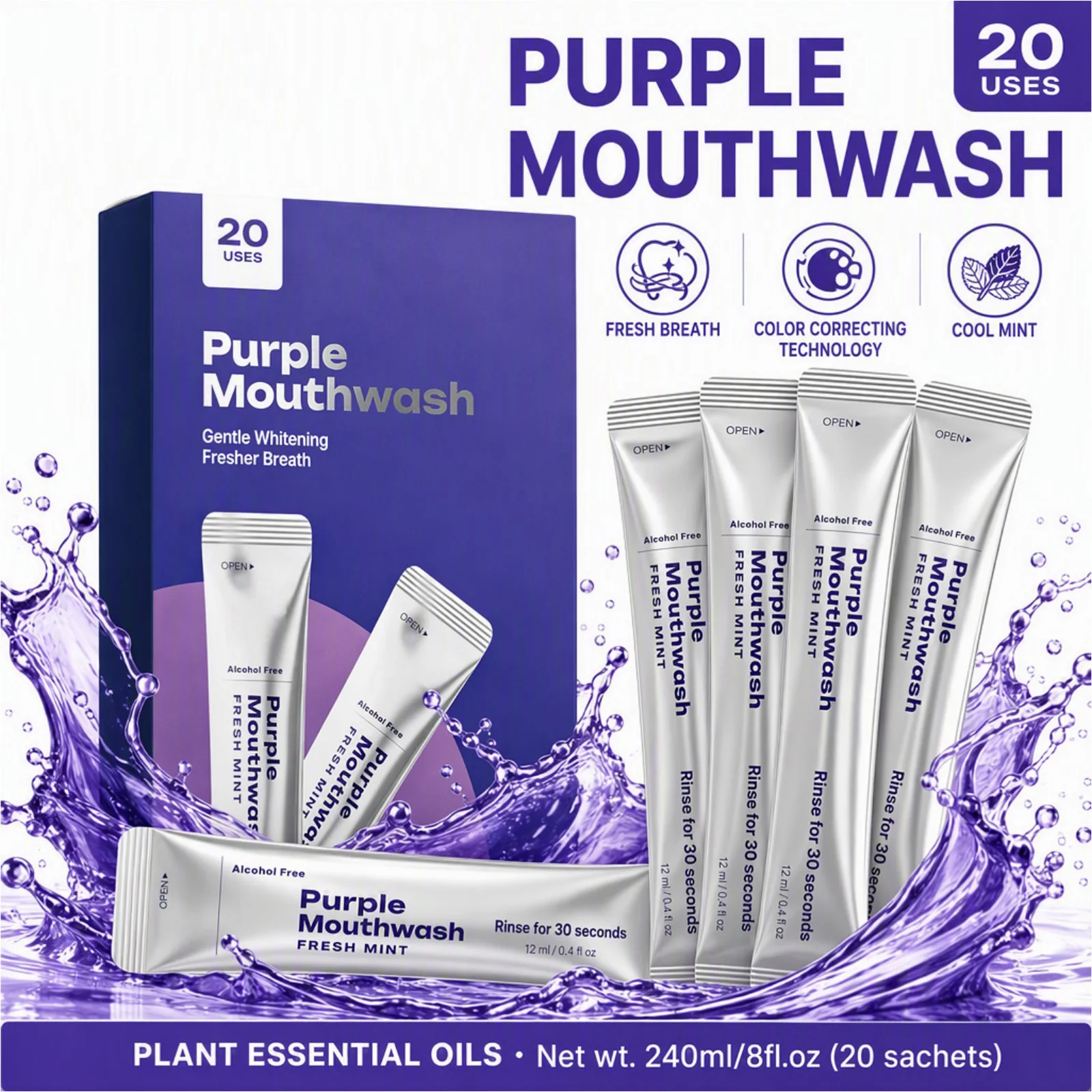Purple Color Correcting Mouthwash Sachets Alcohol Free Fresh Mint Portable Oral Rinse Gentle Teeth Brighten Clean Gums 20 Pack
