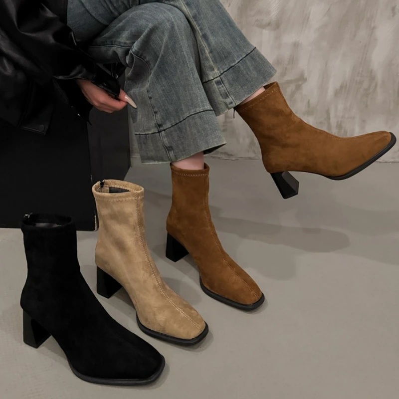 

Осенне-зимние тонкие женские ботильоны с квадратным носком, уличный стиль, вечерние короткие плюшевые туфли на высоком каблуке, короткие Botas Mujer