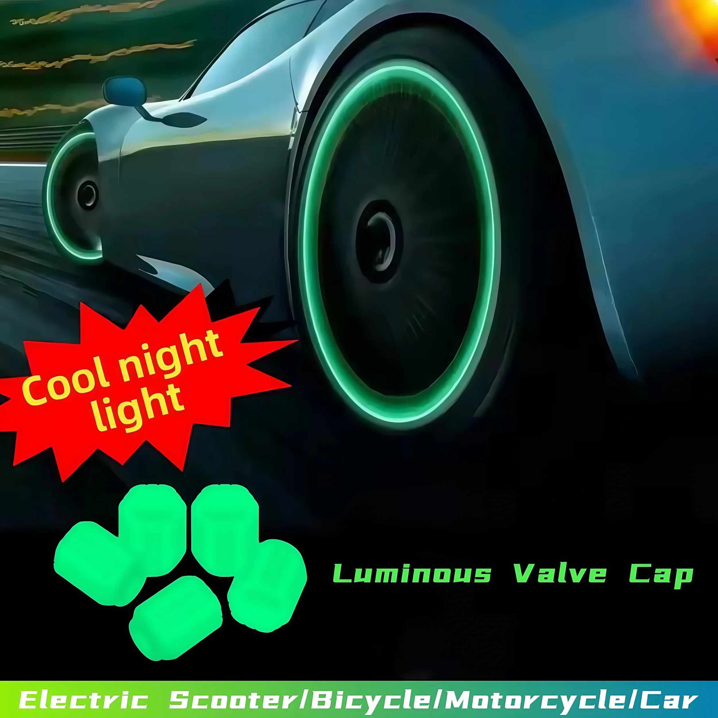 

Luminous tire valve caps suitable 4pcs for car, motorcycle, bicycle, electric scooter tire hub valve cap decoration