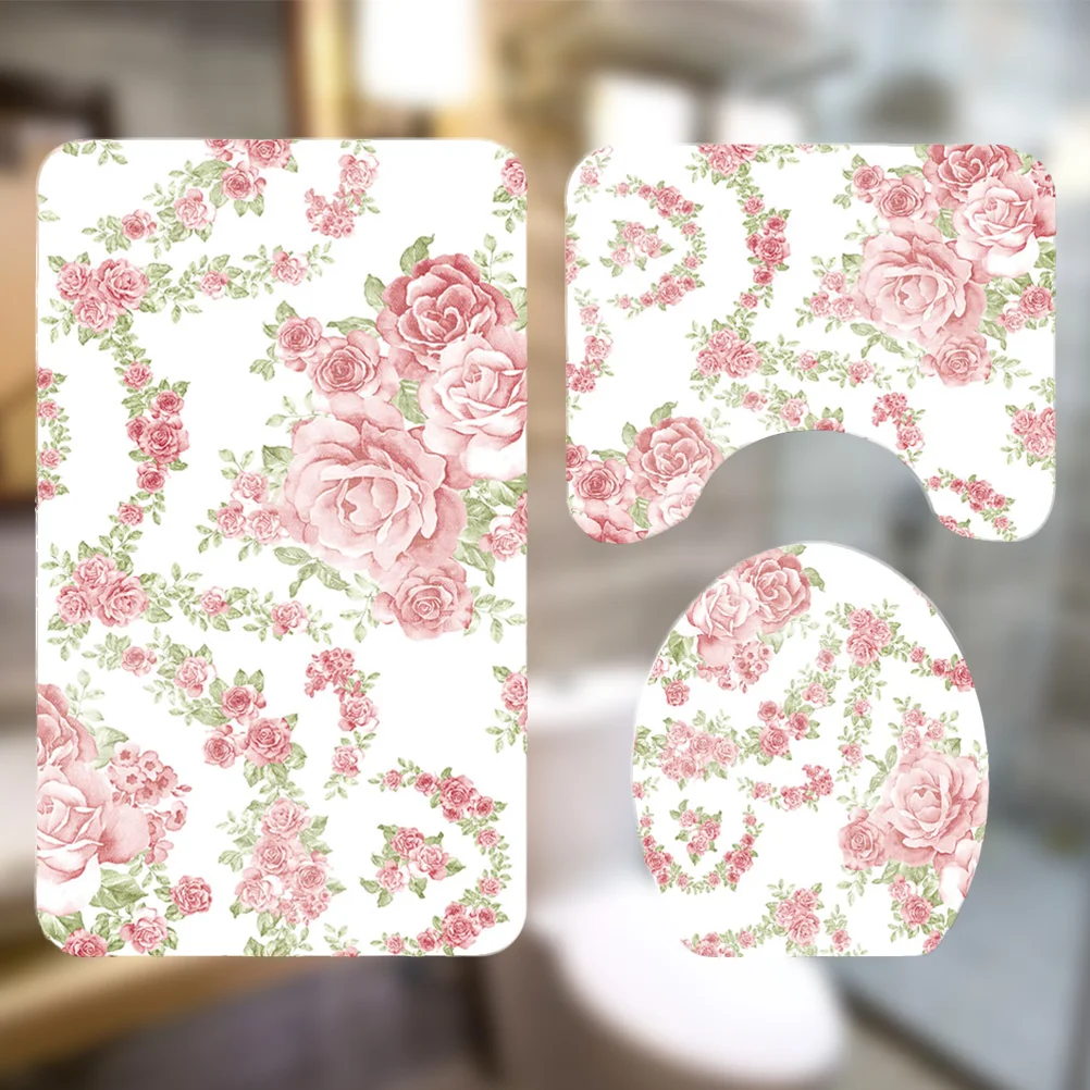 

3pcs Roses Printed Bathroom Pads Set Non-slip Washroom Carpets Mat Toilet Seat Lid Cover for Home Hotel