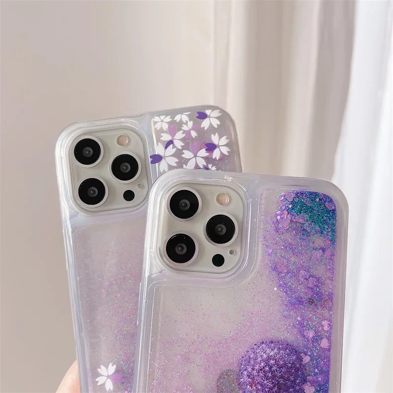 Dandelion Floral Quicksand for iPhone 15 Pro 14 13 16 Pro Max Phone Case Purple Moving Sand Heart Flakes Soft Cover Clear Shell