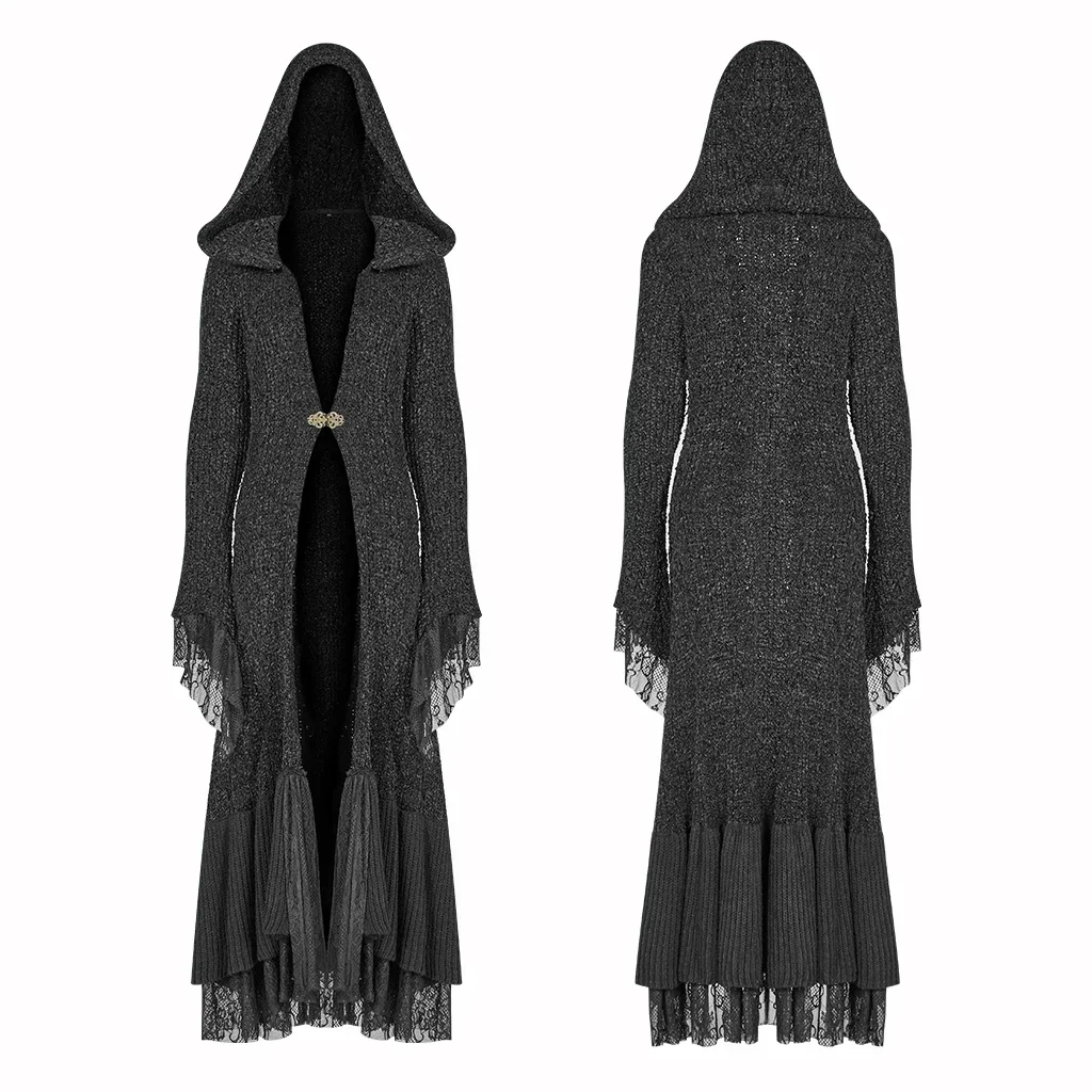 PUNK RAVE Women\'s Gothic Retro Black Long Hooded Sweater Halloween Costume Personality Women Woolen Cardigan Cuffs Stitched Lace