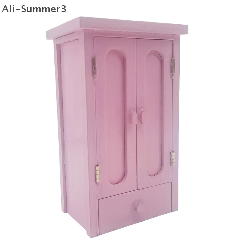 Poppenhuis Slaapkamer Roze Mini Houten Garderobe Model Poppenhuis Miniatuur Meubels Decor DIY Scène Accessoires Speelgoed