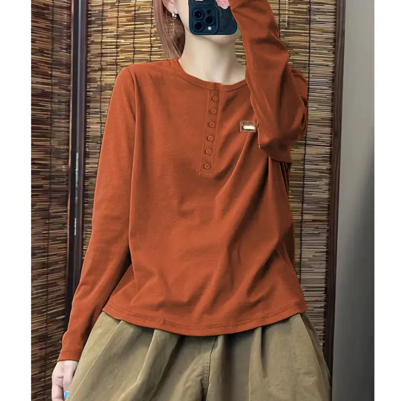 

Casual Long-sleeved Bottoming Shirt New Autumn Wear Simple Korean Fashion Loose Button Splicing T-shirt for Women