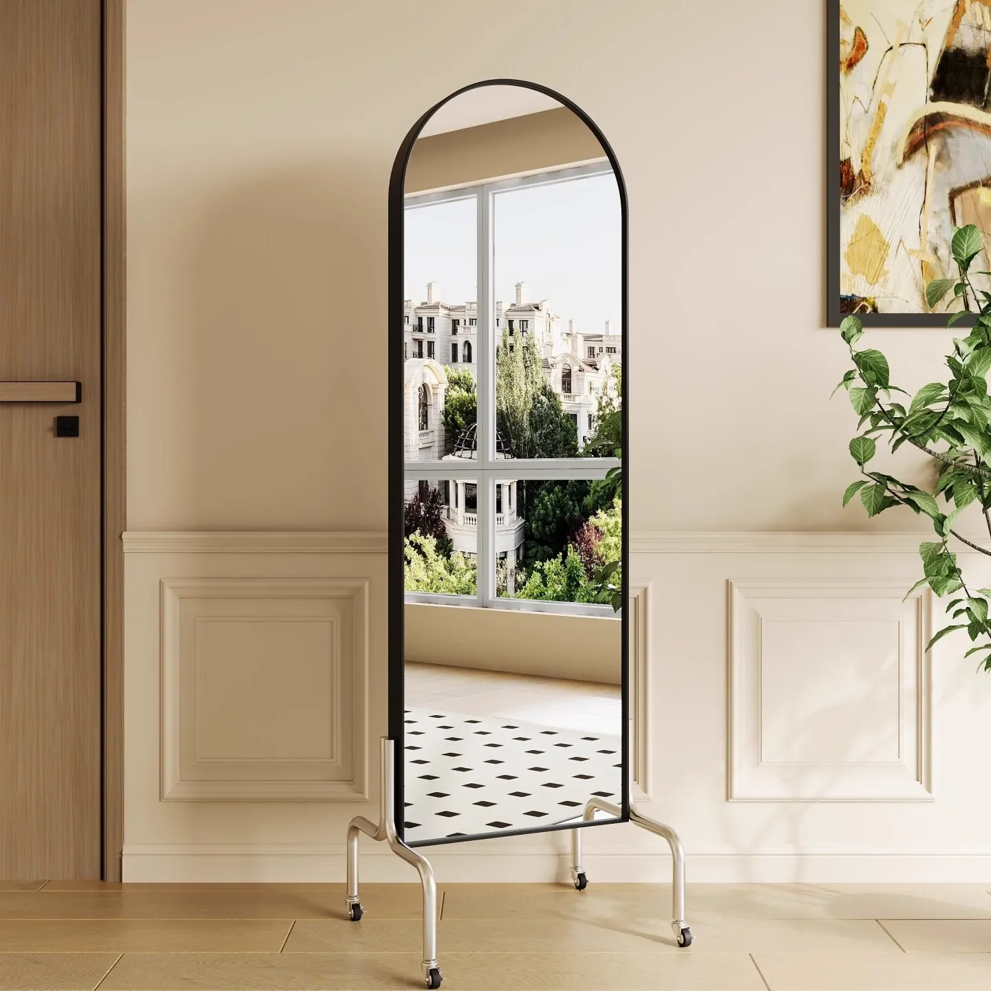 Movable 360-degree rotating full-body mirror with magazine display storage rack integrated full-length mirror