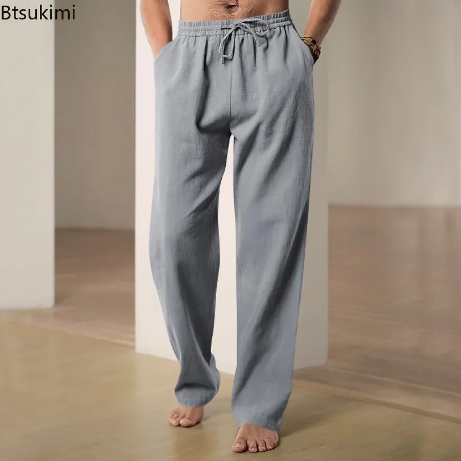 2024 Men's Loose Casual Long Pants Fashion Elastic Waist Drawstring Straight Pants Simple Solid Beach Trousers Man Joggers Pants