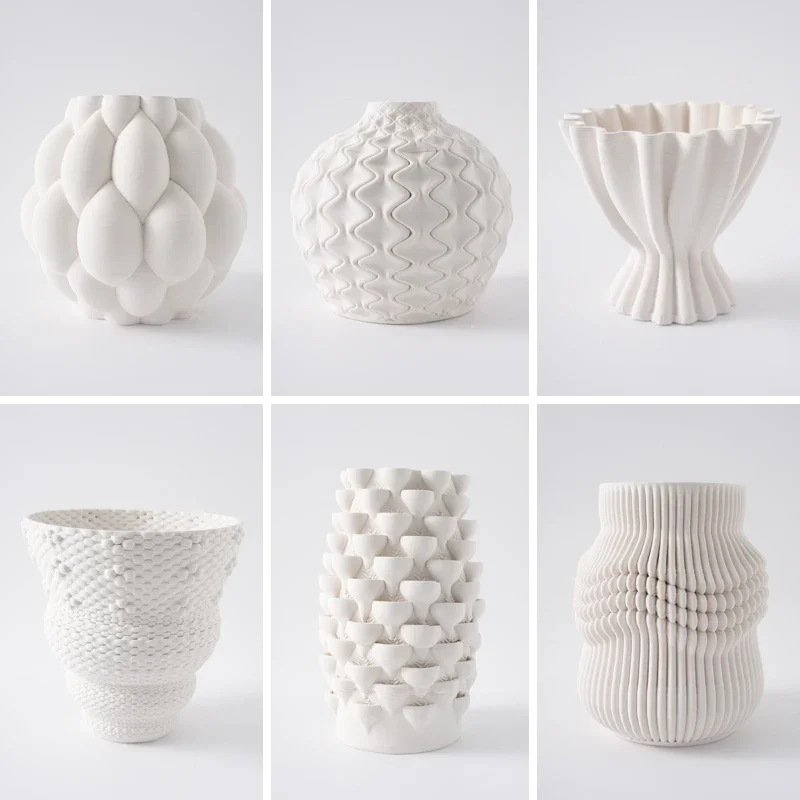 Modern simple and creative 3D printing ceramic vase ornament special-shaped irregular belly white flower device with dried