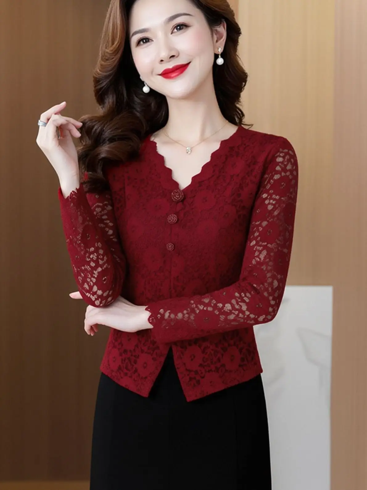 

Ele Long Sve Lace Top Inner Wear ort Fce Waist Cinched Base irt Korean Sle Commute Faion Breathable Skin Fr...
