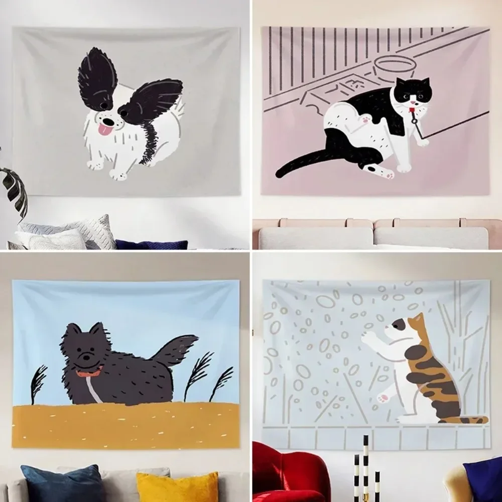 Korean Ins Kawaii Rooms Decor Tapestry Wall Hanging Cute Girl Hand-painted Cat and Dog Room Decoration Mural Aesthetic Room