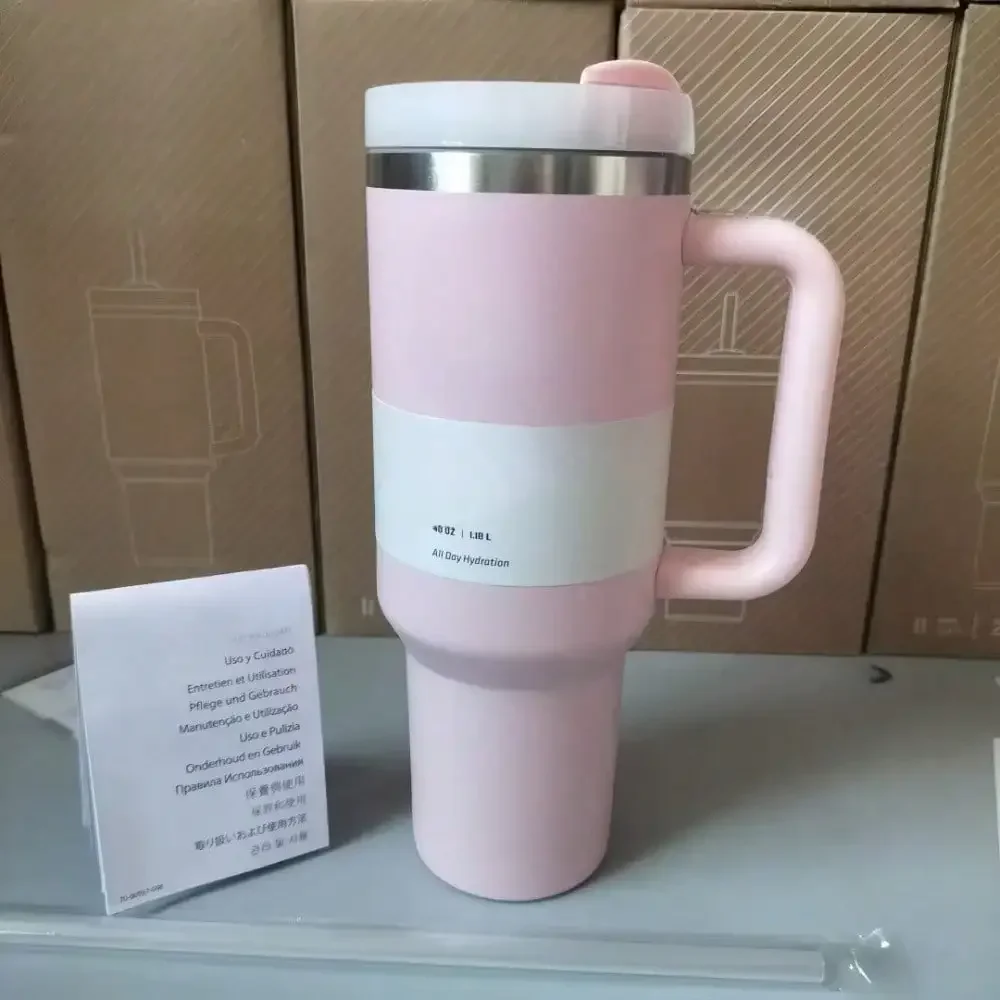 40oz Tumbler with Handle Solid Pink Insulated Cup, Other colors sold out, random black or white shipment for other color orders