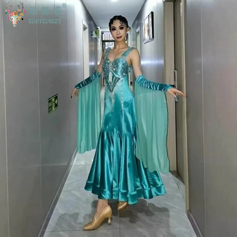 

Костюм для бальных танцев, высококачественное атласное платье с камнями AB, одежда для соревнований по современному танцам для взрослых и детей