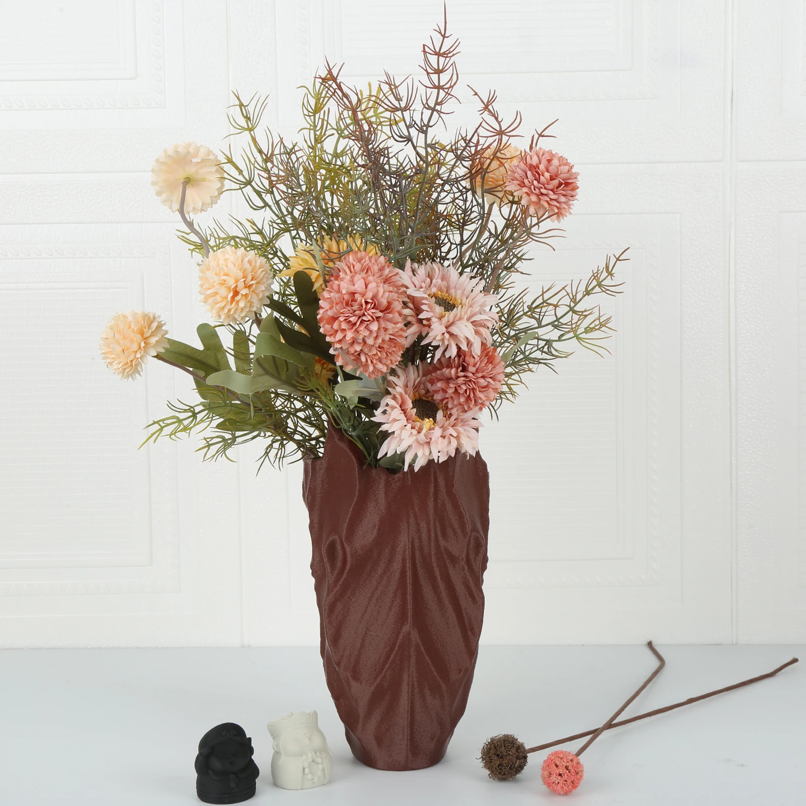 Cross-border Supply Vintage Textured Brown Vase With Morandi Pink Artificial Flower Bouquet Set Living Room Floral Home Decor Or