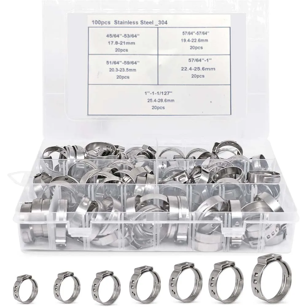 100 Stück Einohr-Schlauchklemmen in 5 Größen, 21-28,6 mm, stufenlos verstellbar, 304 Edelstahl Pex-Crimpringe-Set, Sortiment an Crimp-Schlauchklemmen – Detail 1