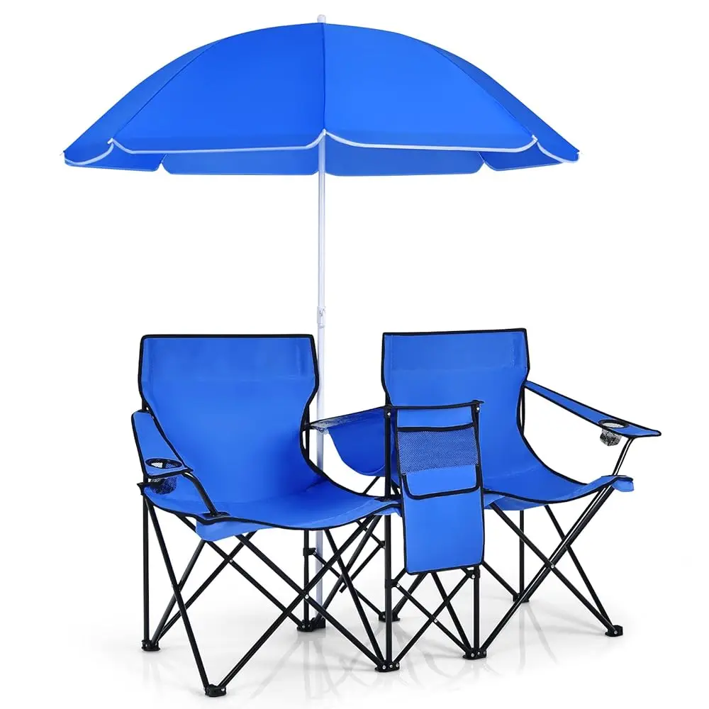 

Folding Double Camp Chair W/Removable Umbrella, Portable Picnic Chair W/Mini Table, Chair Set W/Beverage Holder, Portable