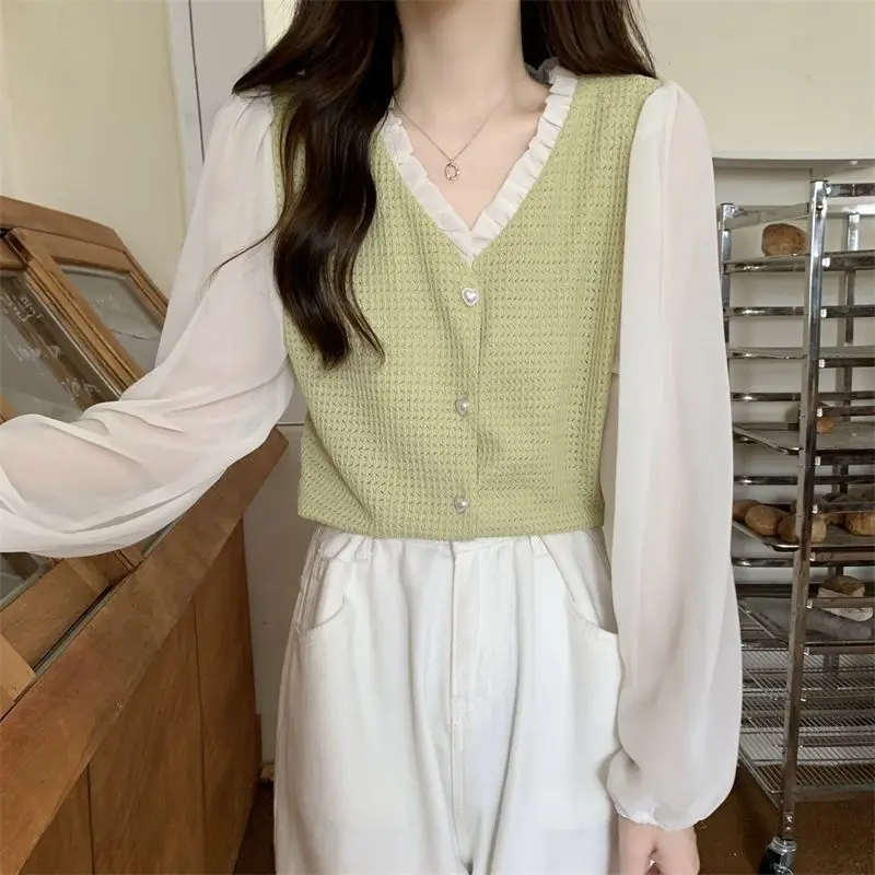 Fashion Versatile Spring Autumn Korean Version V-neck Women\'s Shirt Splicing Slim Fit Knitted Shirt Long Sleeve Top for Women