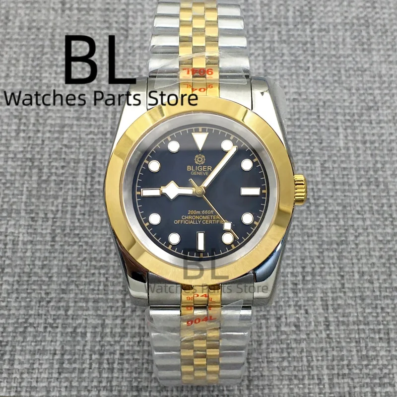 BLIGER Two Tone Gold Men's Watch Silver Gold Jubilee Strap Polished Bezel 36mm39mm Sapphire Waterproof Reloj Gold Index No Date