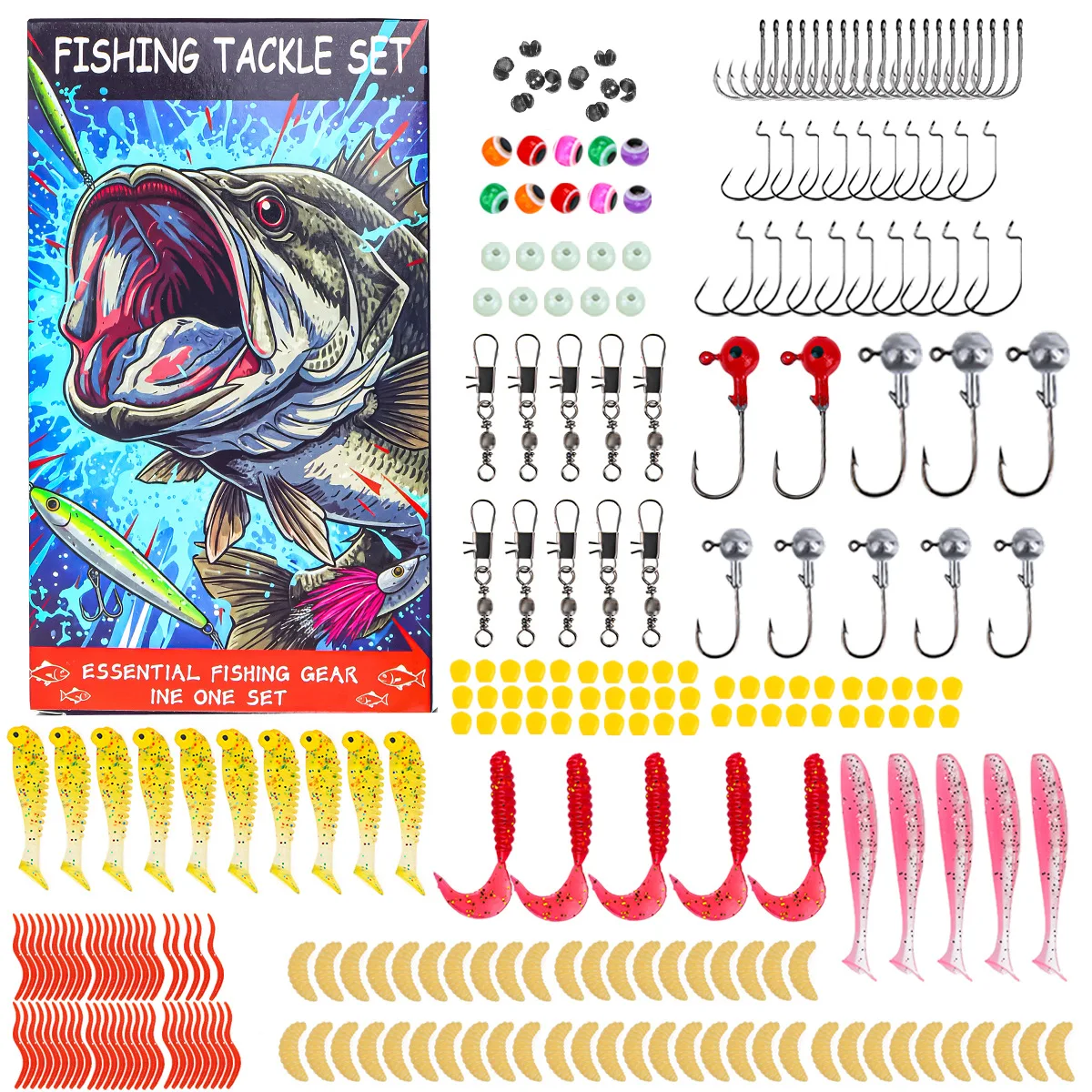 All-in-One Fishing Lure Kit Storage Box,Mixed Tackle Set with Soft Curly Tail Baits,Fish Hooks and Stopper Beads for Angling