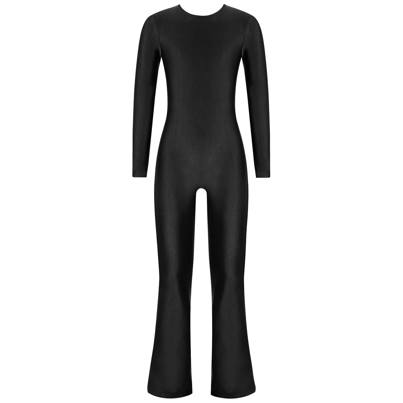 Girls Ballet Dance Leotard Gymnastics Yoga Acrobatics Skating Dancing Class Jumpsuit Long Sleeve Solid Bell-Bottom Bodysuit