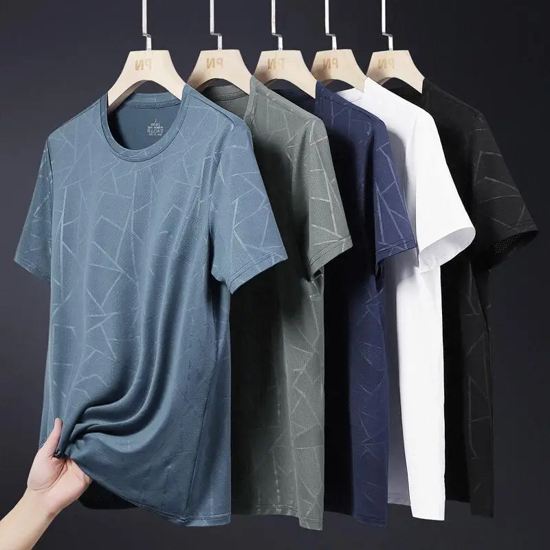 

Ice Silk Geometric Print Short Sleeve T-Shirt Casual Summer Loose Fit Quick Dry Fitness Clothing round Neck Basic Urban Style