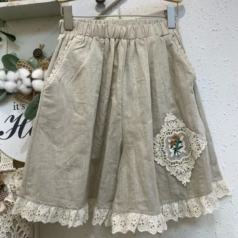 Japanese Sweet Lolita Summer 2024 Patchwork Elasticized High-waisted Lace Pocket Fashion Solid Color Comfortable Casual Shorts