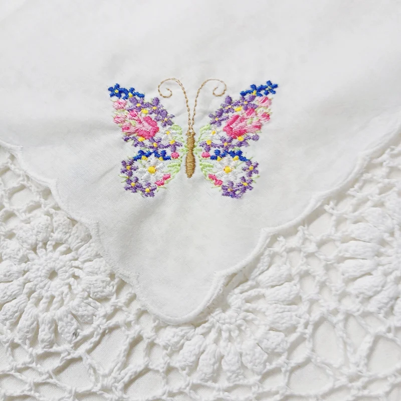 Set of 12 Handkerchiefs White Cotton Cloth Fabric Wedding Hankies Scalloped Edges Hanky Embroidered Butterfly 12x12 Inch